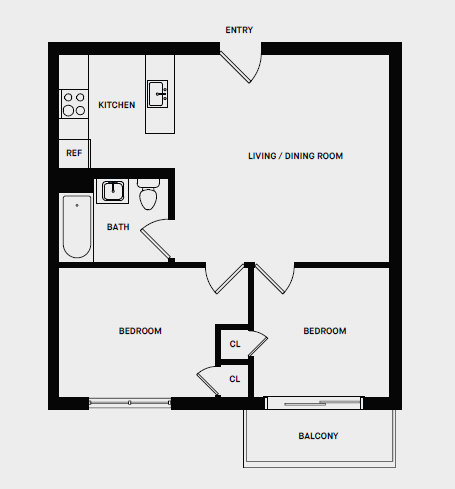 Floor plan for 2 beds, 1 bath, 590 sqft